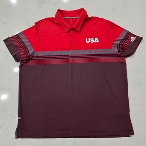 Adidas Golf Mens 2XL USA Polo Shirt Red Navy Blue Striped Short Sleeve Golf Top